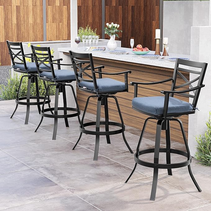 Pellebant Set of 6 Outdoor Bar Stools 30", Aluminum Swivel Patio Bar Height Bar Stools with Back & Footrest, for Deck Lawn Garden(Spectrum Denim)