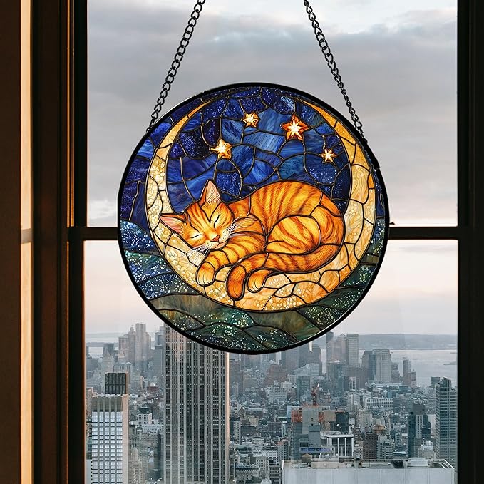 Stained Glass Window Hanging - Orange Moon Sleeping Cat Sun Catcher for Door Home Decor Blue Starry Sky Suncatcher Christmas Mother's Day Birthday Gifts for Women Men Mom Nana 7.8 in