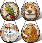 Stained Glass Window Hanging 4 Pcs Set Cute Cat and Dog 6.3" - Animal Suncatcher Door Garden Sun Catcher Decor Birthday Mother's Day for Mom Woman Nana Girl Boy Friend