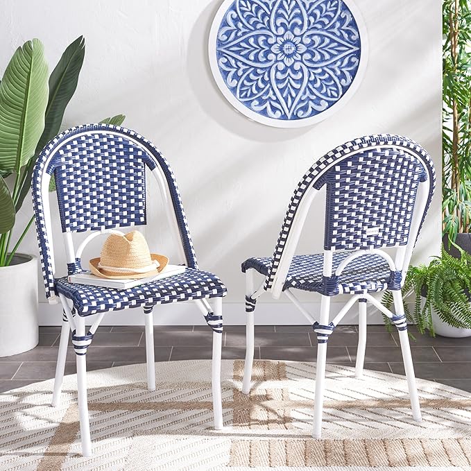 SAFAVIEH Outdoor Collection California Navy/White/White Bistro Side Chair Set of 2 (Fully Assembled)