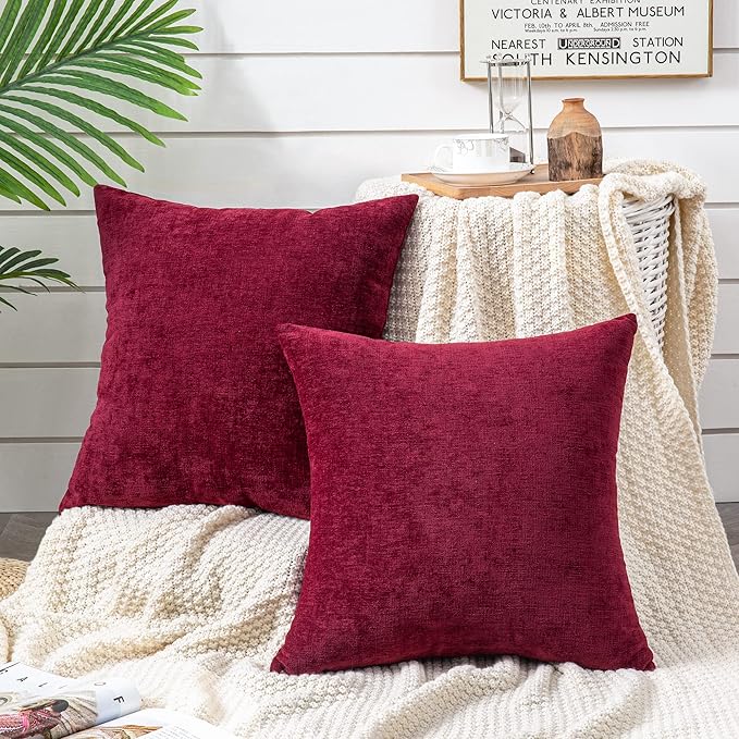 GAWAMAY Decorative Square Throw Pillow Covers 20"x20" Inch Set of 2, Super Soft Chenille Pillows Farmhouse Fall Pillowcase for Living Room Bedroom Sofa Couch Cushion Cover Burgundy Red 50x50cm
