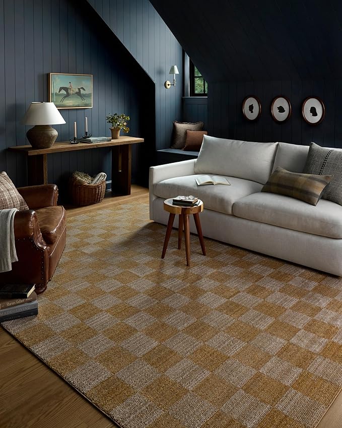 Loloi Chris Loves Julia Calvin Collection CLV-01 Apricot/Ivory 9'-6" x 12'-6" Area Rug Checkered Neutral Soft Living Room Bedroom Carpet