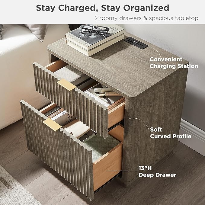 T4TREAM 23'' Fluted Nightstand Set of 2 with Charging Station, Large 2 Drawer Side Table, Modern End Table with Storage, Mid Century Bedside Table for Bedroom, Living Room, Curved Profile, Grey Alder