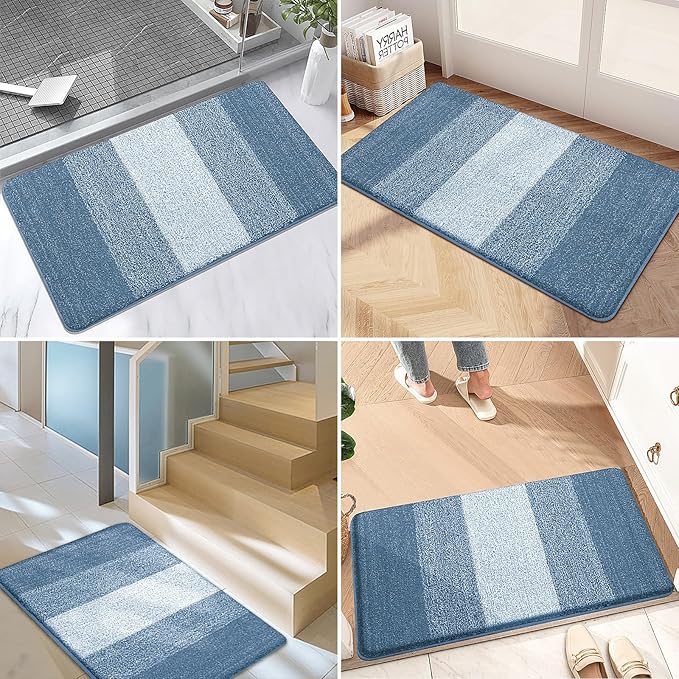 Kitinjoy Indoor Outdoor Door Mat, 32x20 Non-Slip Absorbent Dirt Trapper, Low-Profile Washable Inside Entrance Front Floor Mat, Sturdy Soft Entry Doormats for Entryway, Light Blue