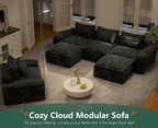 Hobestluk 120" Cloud Modular Sectional Couch 3-Seater Sofa with Ottomans U Shaped Couch Deep Seat Sofa with Removable Cover Large Sofa for Living Room (Dark Grey, 3-Seater Sofa with Two Ottomans)