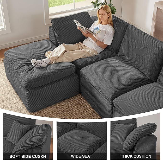 143" Cloud Sectional Couch, Boneless couches for Living Room，U Shaped Couch with Convertible Ottoman, Modular Sectional Sofa with Deep Seat, Comfy Soft Cushions, No Assembly, Gray