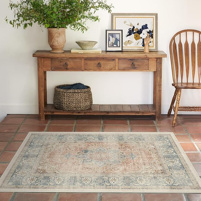 RUGGABLE Washable Vintage Area Rug – Sarrah Coral 3x5, Stain-Resistant, Non-Slip – Small Machine Washable Rugs for Living Room, Bedroom, Hallway, Entryway & Office–with Standard Pad