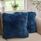 Cheer Collection Throw Pillows for Couch and Bed, Soft Shaggy Throw Pillows with Inserts Included, Cozy Long Hair Faux Fur Pillows - Set of 2-26" x 26" Navy