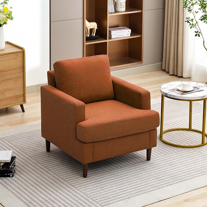 Mid-Century Accent Chair,Modern Linen Fabric Armchair for Living Room,Comfy Upholstered Reading Accent Chairs for Bedroom,Single Sofa Chair with Wood Legs (Orange, 2 Pack)