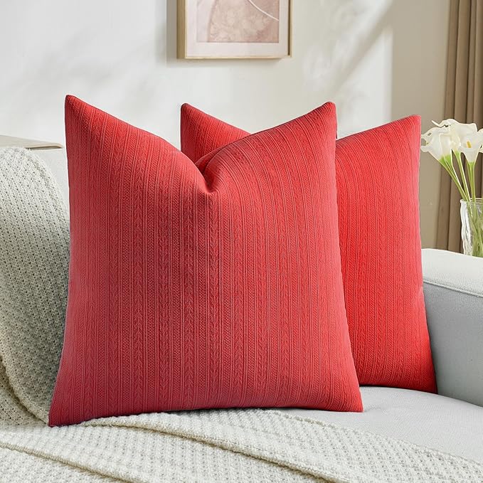 FUTEI Christmas Red Decorative Throw Pillow Covers 18x18 Inch Set of 2,Soft Cozy Wheat Ear Striped Patterns Cushion Cases,Modern Home Decor for Couch Bed Living Room