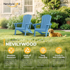 nevilywood Folding Adirondack Chair with Cup Holder Set of 2,All-Weather Adirondack Chair,Patio Chair,HDPE-Wooden Textured Lawn Chair- Light Blue