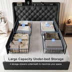 Full Size Upholstered Platform Bed Frame with 4 Storage Drawers and Charging Station, Linen Button Tufted Wingback Headboard, Sturdy Wooden Support Slats, No Box Spring Needed, Dark Grey