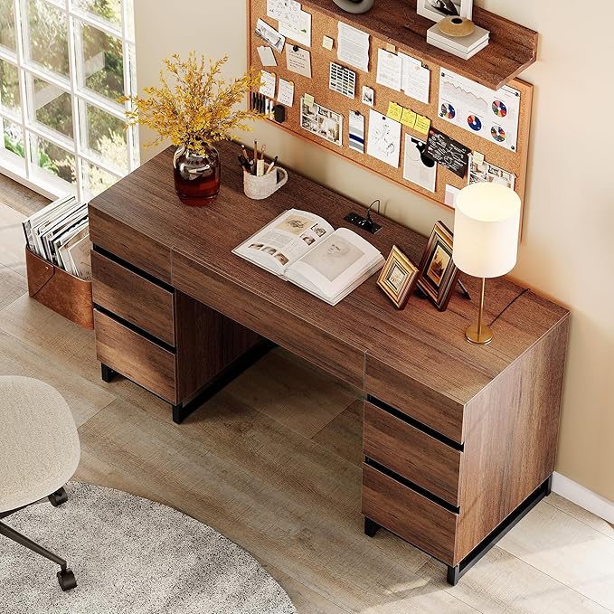 WAMPAT 59" Modern Executive Desk with Drawers, Wood Computer Writing Desk with Charging Station, Home Office Desk with File Drawer, Study Table for Bedroom, Living Room, Home Office, Rustic Brown