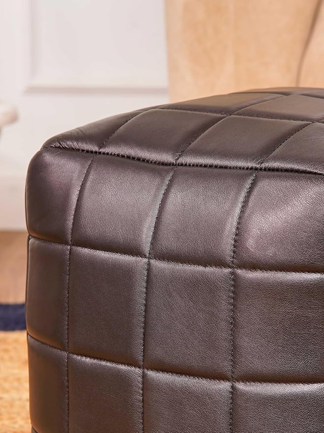 Handmade Eco-Friendly Geometric Leather Pouf Black Color Square 21" x 21" x 12" Goat Leather Pouf for Living Room, Bedroom Seating, Patio