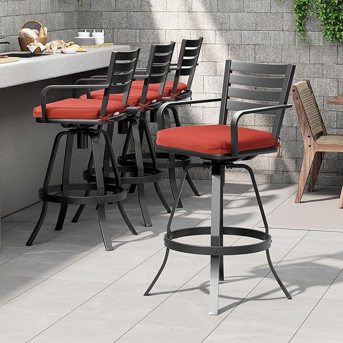 Pellebant Outdoor Swivel Barstools Set of 6, Aluminum 29.5" Bar Height Stool Chairs with Back & Footrest,Rust-Proof Tall Patio Bar Stools for Deck Lawn Garden, Red