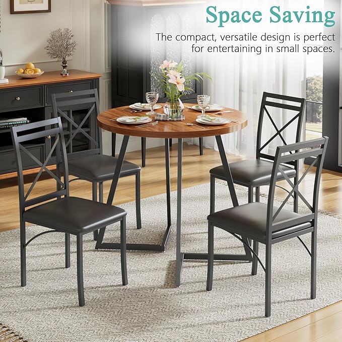VECELO 35" Round Dining Table for 4, Wood-Grain Tabletop & Heavy-Duty Steel Frame, for Kitchen, Living Room, Easy Assembly, Walnut