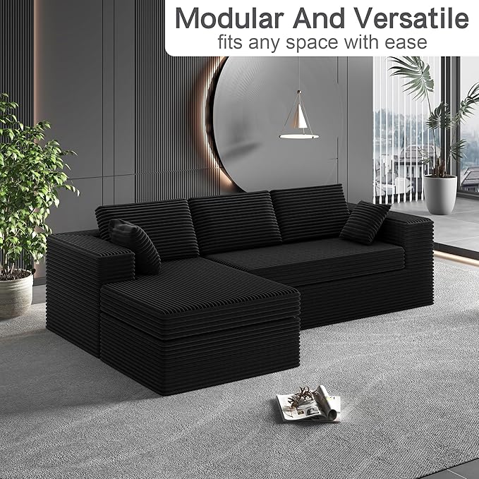 108-inch Boneless Couch for Living Room，Comfy Boneless Sofa with Deep Seats & Chaise Lounge, 3-Seat Modular Sofa Memory Foam Sectional Couches - No Assembly Required(Dark Black)