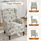 Floral Wingback Accent Chairs Set of 2, High Back Upholstered Armchair, Comfy Fabric Wingback Arms Chairs with Retro Solid Wood Legs, Single Sofa Reading Chair for Bedroom Living Room, Plants Beige