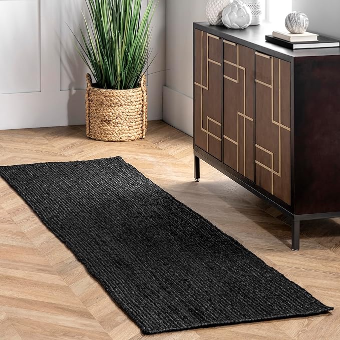 nuLOOM 2x8 Rigo Jute Hand Woven Area Rug, Black, Solid Farmhouse Design, Natural Fiber, For Bedroom, Living Room, Dining Room, Hallway, Office, Kitchen, Entryway