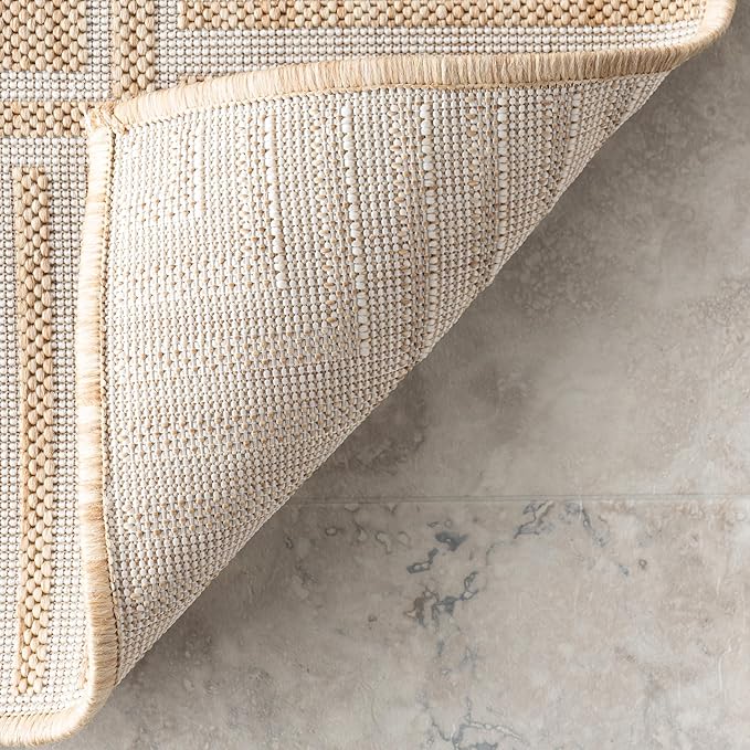 nuLOOM 6' 7" x 9' Outdoor/Indoor Asha Area Rug, Tan, Casual Design with Striped Border, Stain Resistant, Highly Durable, for Patio, Balcony, Bedroom, Living Room, Dining Room, Bathroom