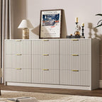 3-Piece Dresser Bedroom Set, 9 Drawer Dresser & 3 Drawer Nightstands with Gold Handles, Fluted Wood Chest of Drawers for Bedroom, Living Room, Entryway, Beige
