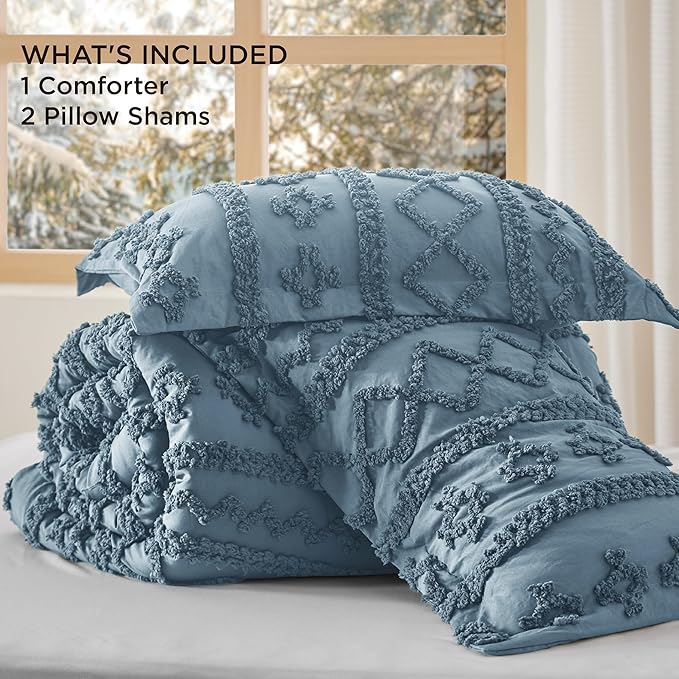 Bedsure Tufted Boho Comforter Set Full Size - Dusty Blue Boho Bed Set, GentleSoft™ 3 Pieces Farmhouse Shabby Chic Embroidery Bedding, Gifts for Woman, Soft Jacquard Full Comforter for All Seasons