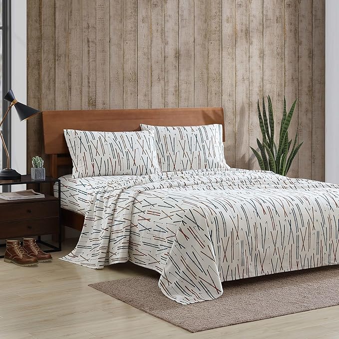 Eddie Bauer - Twin Sheets, Cotton Flannel Bedding Set, Brushed For Extra Softness, Cozy Home Decor (Ski Line White, Twin)