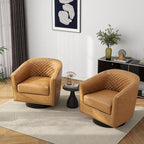 Pia Ricco Faux Leather Swivel Barrel Accent Chairs Set of 2, 360° Swivel Round Single Sofa Chair, Comfy Upholstered Club Armchair with Nailhead Trim for Living Room/Reading Room/Bedroom, Coffee