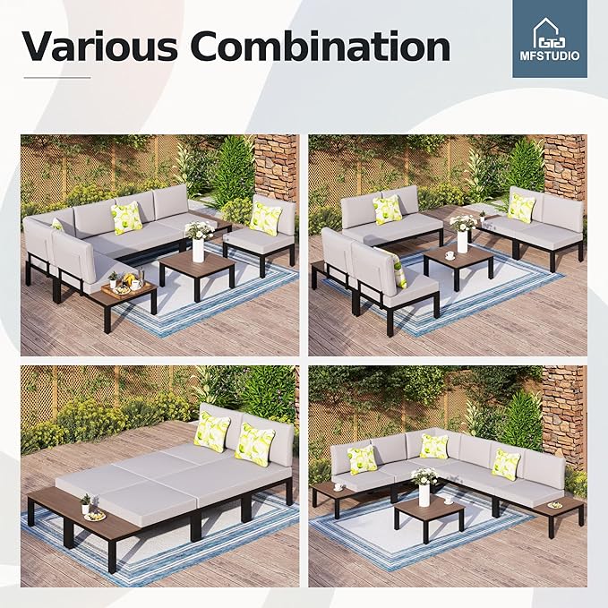 MFSTUDIO 7 Pieces Patio Furniture Set,Outdoor Metal Frame Patio Sectional Sofa Conversation Set with Coffee Table&Removable Cushion for Backyard,Garden,Poolside