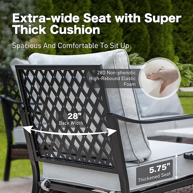 6 Piece Metal Outdoor Patio Furniture Set, Patio Conversation Set with 1 3-Seater and 2 Fixed Sofas, 2 Rocking Sofas with 5.75" Cushion & Coffee Table, Black and Light Gray