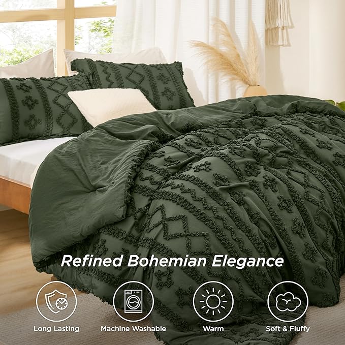 Bedsure Tufted Boho Comforter Set Queen Size - Olive Green Boho Bed Set, GentleSoft™ 3 Pieces Farmhouse Shabby Chic Embroidery Bedding, Gifts for Woman, Soft Jacquard Queen Comforter for All Seasons
