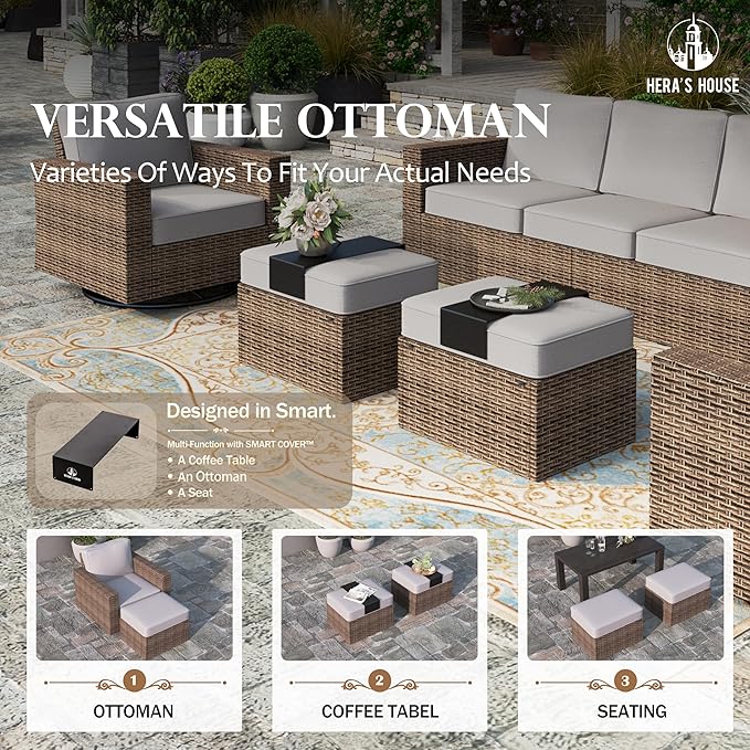 HERA'S HOUSE Swivel Glider Patio Furiture Conversation Set with 4.92" Wide Armrests, Outdoor Wicker Furniture with 5.5" Waterproof Cushions, 6 Pieces Outside Sofa Set for Deck Lawn, Light Grey