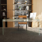 53.14" Modern Tempered Glass Executive Desk with Drawer, Black Wood Finish and Tempered Glass Legs – Minimalist Stylish Workstation Table for Home Office (Transparent Glass Desk)