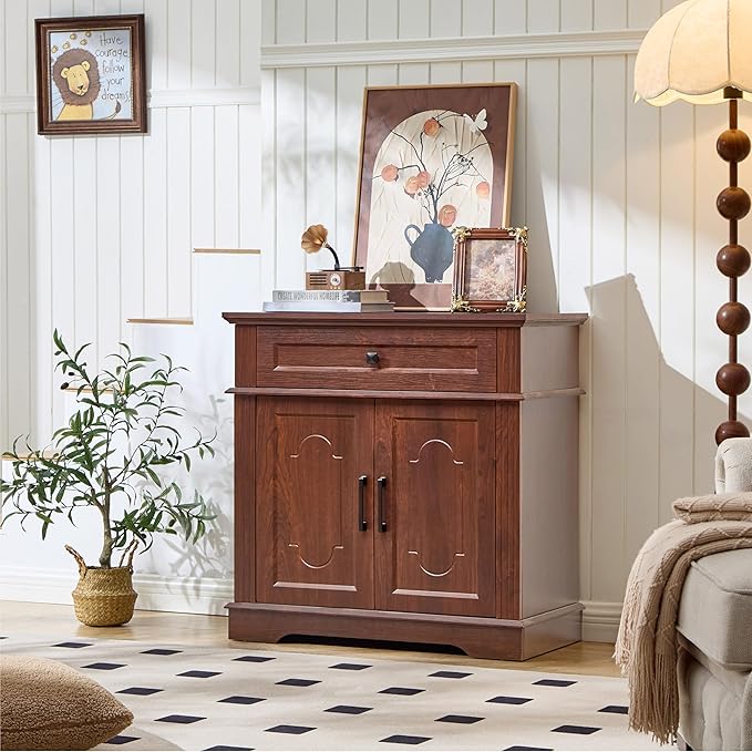 Farmhouse Storage Cabinet with 2 Doors and 1 Drawer, Adjustable Shelf, Freestanding Kitchen Pantry Cabinet, Modern Buffet Sideboard Coffee Bar Cabinet Living Room Bathroom Dining Room Cherry
