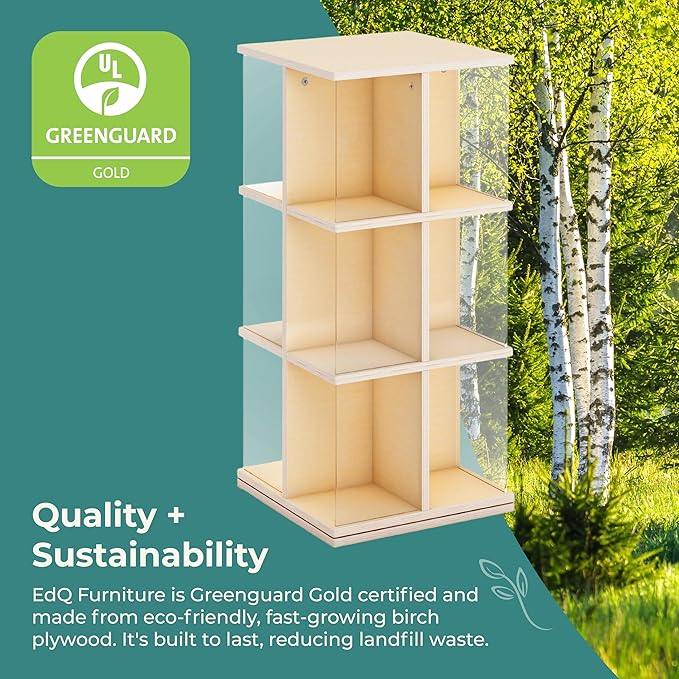 Guidecraft EdQ Kids Rotating Bookshelf: Natural Wood Revolving Bookcase - 360 Degree Spinning Book Shelf Tower with Acrylic Montessori Storage for Classroom, Bedroom and Playroom | Toy Organizer