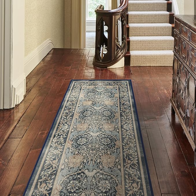 RUGGABLE x Morris & Co Machine Washable Area Rug – Honeysuckle & Tulip Blue 6x9, Stain-Resistant, Non-Slip – Medium Rugs for Living Room, Bedroom, Hallway, Entryway & Office–with Cushioned Pad