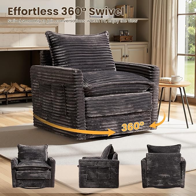 98" Modular Sectional Sofa Set with Swivel Chair, Modern Cloud Couch Plush Corduroy 3 Seater Deep Seat Sofas with Accent Armchair for Living Room Small Space, Gray