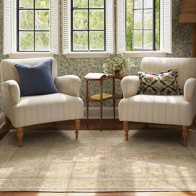 RUGGABLE x Morris & Co Washable Area Rug – Pimpernel Vintage Stone 5x7, Stain-Resistant, Non-Slip – Medium Machine Washable Rugs for Living Room, Bedroom, Hallway, Entryway & Office–with Standard Pad