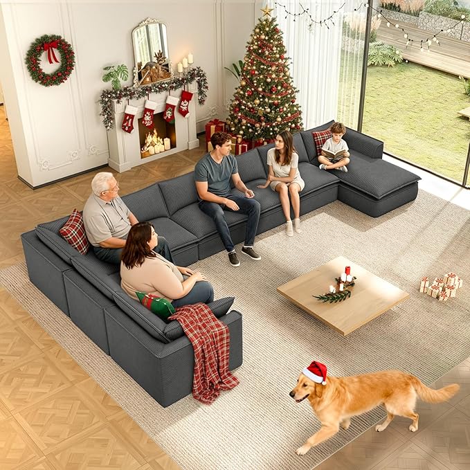 Vesgantti 141.7" U Shaped Boneless Sectional Couch, Modern 6 Seater Modular Sofa with Chaise & Ottoman, Deep Seat Corduroy Cloud Couches for Living Room, No Assembly Required, Dark Gray