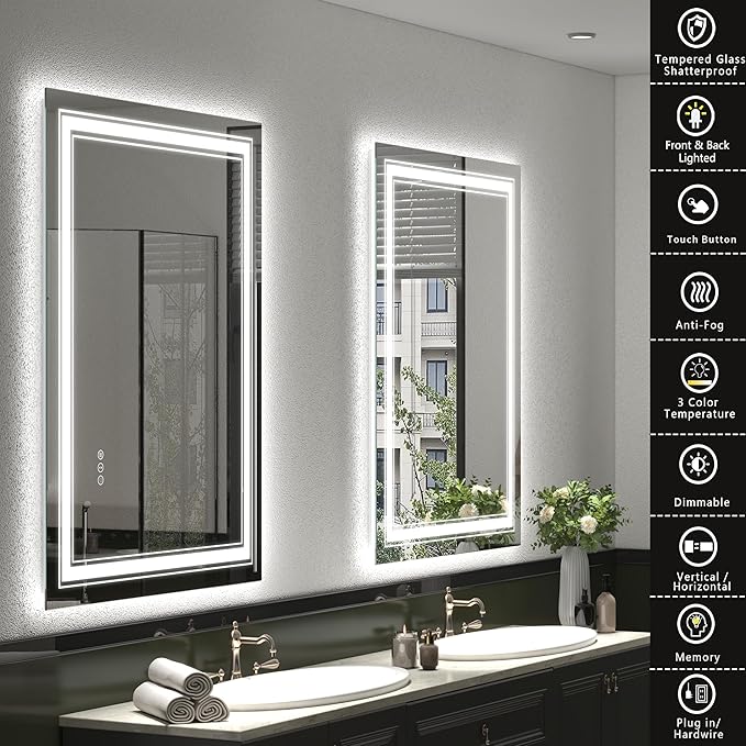 24x36 LED Bathroom Mirror with Lights, LED Dimmable Vanity Mirror for Wall, Backlit and Front Lighted Mirror, Anti-Fog, Shatterproof (Horizontal/Vertical)