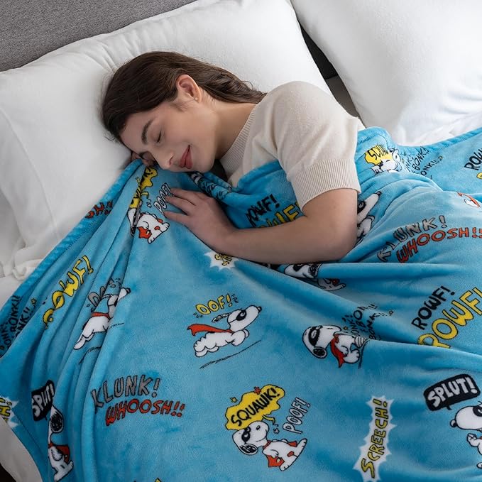 Berkshire Blanket Peanuts® VelvetLoft® Cute Character Snoopy Plush Blanket,Peanuts Large Masked Marvel Toss Happy Blue,Twin 60 in x 90 in (Official Peanuts® Product)