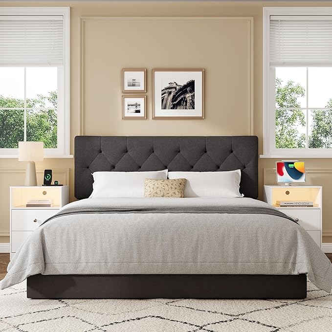 Upholstered Full Headboard, Full Size Headboard Only for Bed Frame from 42”-55”, Adjustable Height Full headboard with Durable Wood Legs, Fabric Bed Headboard in Modern Button Design, Dark Grey