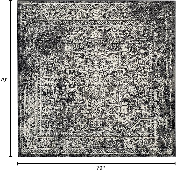 SAFAVIEH Evoke Collection Area Rug - 6'7" Square, Black & Grey, Distressed Design, Non-Shedding & Easy to Clean, Ideal for Living Room, Bedroom, Dining Space (EVK256R)