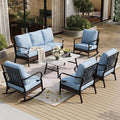 6 Piece Metal Outdoor Patio Furniture Set, 1 3-Seater & 2 Fixed Sofa, 2 Rocking Sofa with 5.75" Thick Cushion & Coffee Table - Black & Blue