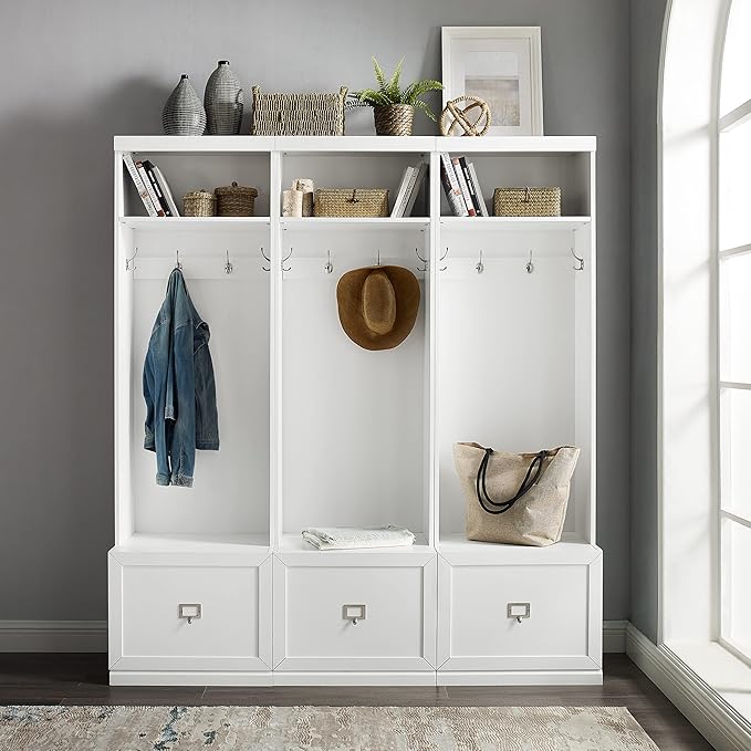 Crosley Furniture Harper 3-Piece Hall Tree Entryway Set with Storage Bench and Coat Rack Hooks for Hanging, White