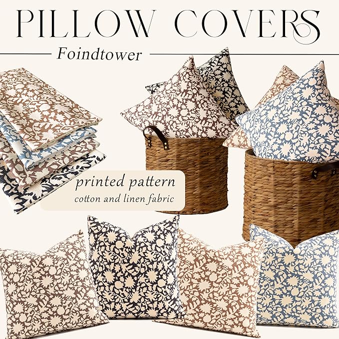 Foindtower Set of 2 Decorative Neutral Floral Throw Pillow Covers Accent Farmhouse Cushion Covers Boho Vintage Pillowcase for Couch Sofa Bedroom Living Room Home Decor,24×24 Inch,Brown