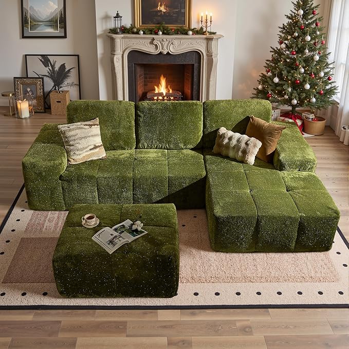 114" Glitter Cloud Sectional Couch with L-Shape Chaise & Ottoman, Modern Boneless Couches for Living Room, Fluffy Tufted Deep Seat Modular Sofa No Assembly (Green Sparkly Velvet,Right Facing)