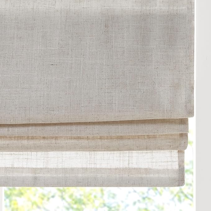 Madison Park Kyler Cordless Roman Shades - Single Panel, Lightweight Linen Blend Fabric, Natural Design, Easy Installation, Light Filtering Window Blind, Bedroom, Living Room Decor 35"W x 64"H Natural