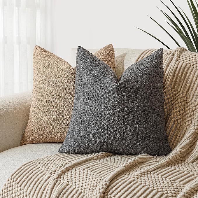 Foindtower Set of 2, Decorative Textured Boucle Throw Pillow Covers Accent Solid Pillow Cases Neutral Soft Cozy Couch Cushion Case for Chair Sofa Bedroom Living Room Home Decor 24 x 24 Inch Dark Grey