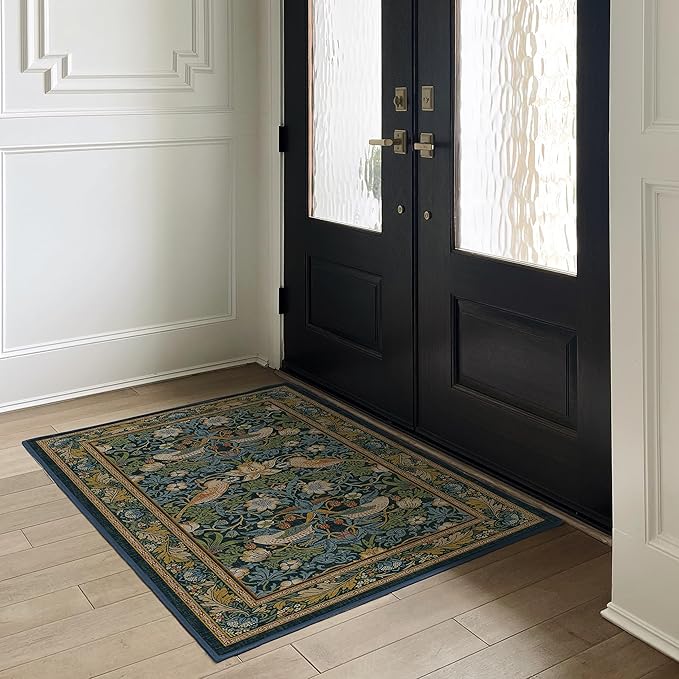 RUGGABLE x Morris & Co Washable Area Rug – Strawberry Thief Indigo 3x5, Stain-Resistant, Non-Slip – Small Machine Washable Rugs for Living Room, Bedroom, Hallway, Entryway & Office–with Cushioned Pad